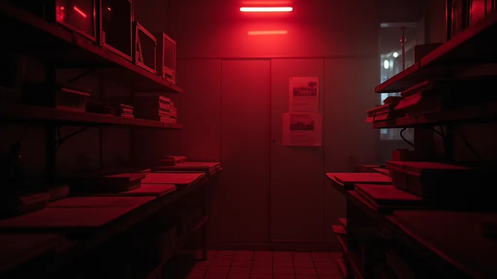A darkroom illuminated by a red safe light.