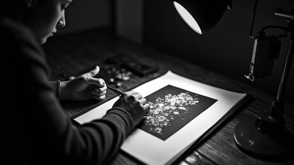Photographer dodging and burning a print in the darkroom