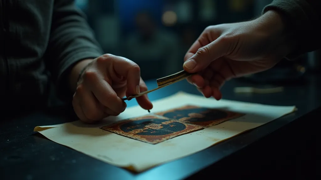 Photographer examining test strip in darkroom