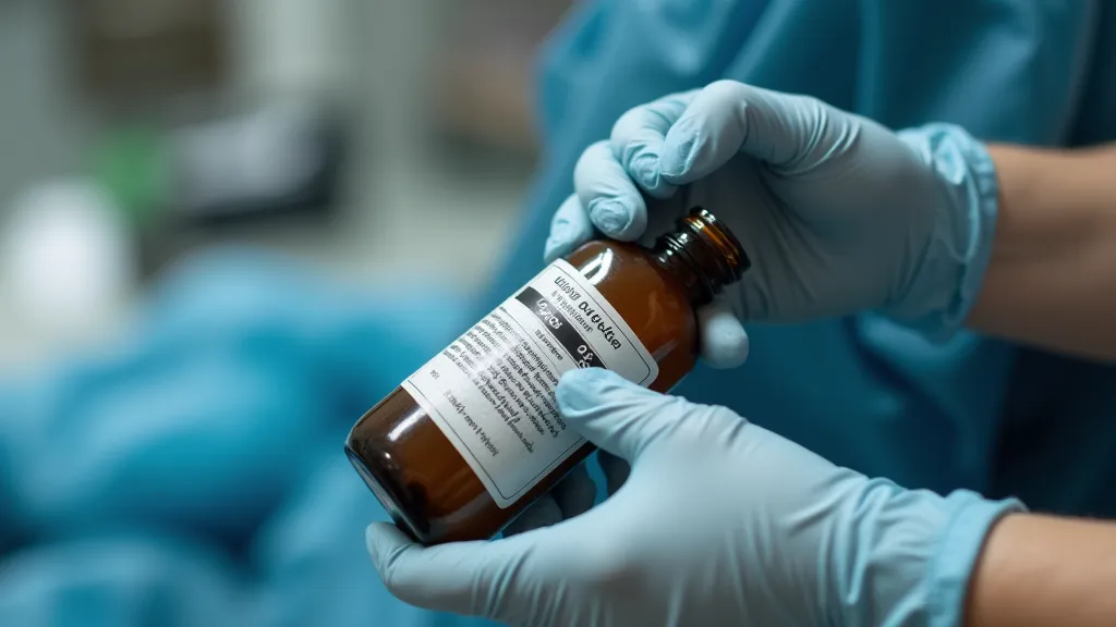 Chemical-resistant gloves holding a bottle of darkroom developer.